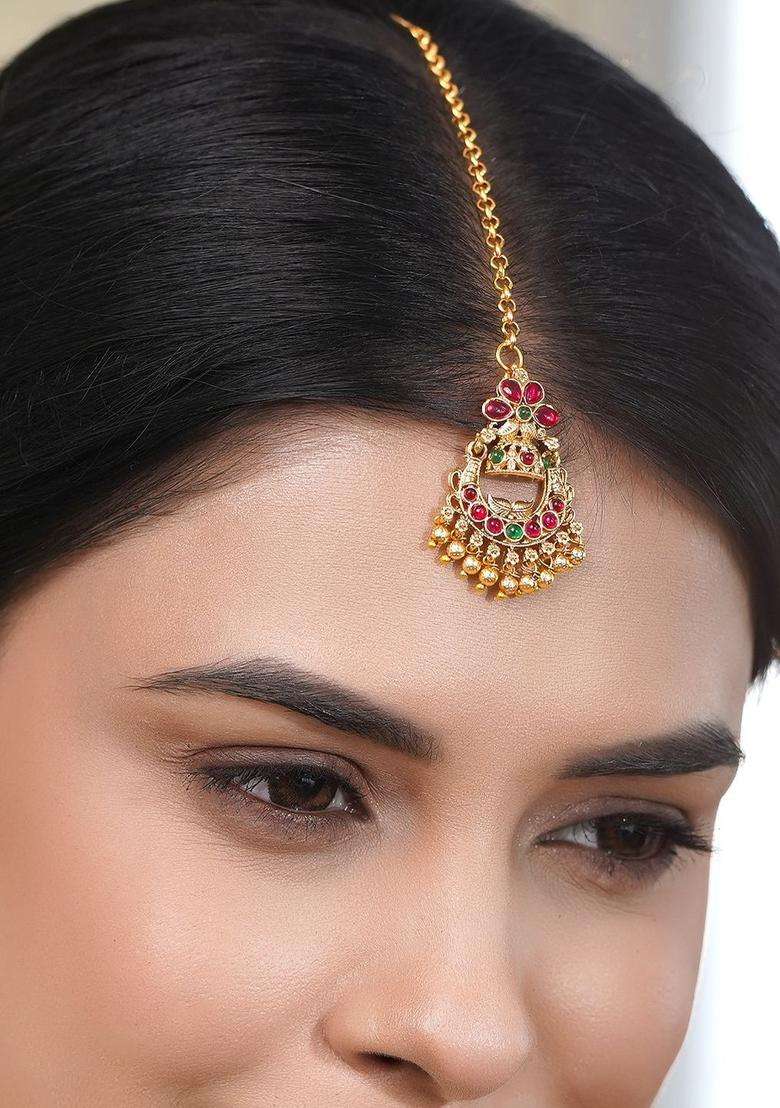 18K Gold-Plated Beaded Maang Tikka for Women | Traditional Temple Jewellery for Wedding & Festive Wear | Gift for Her - Indya