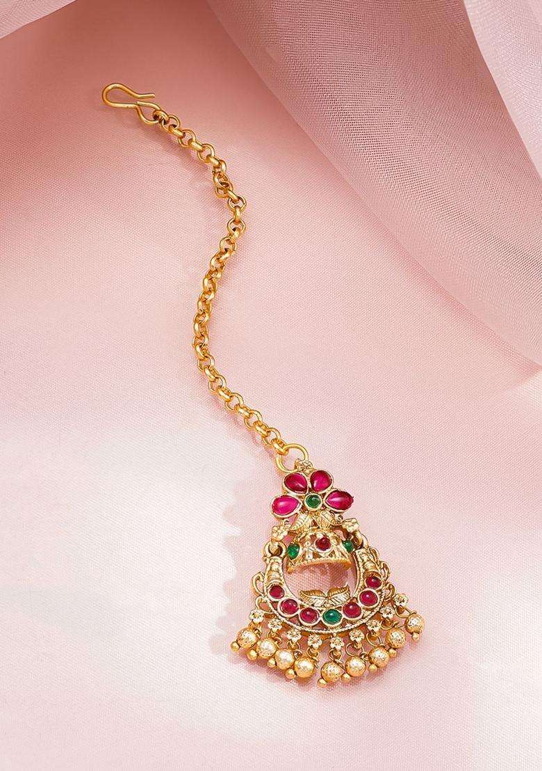 18K Gold-Plated Beaded Maang Tikka for Women | Traditional Temple Jewellery for Wedding & Festive Wear | Gift for Her - Indya