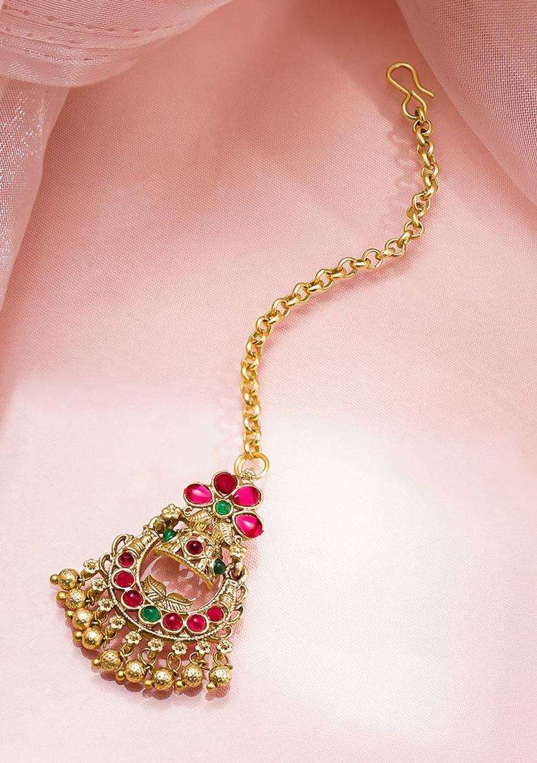 18K Gold-Plated Beaded Maang Tikka for Women | Traditional Temple Jewellery for Wedding & Festive Wear | Gift for Her - Indya