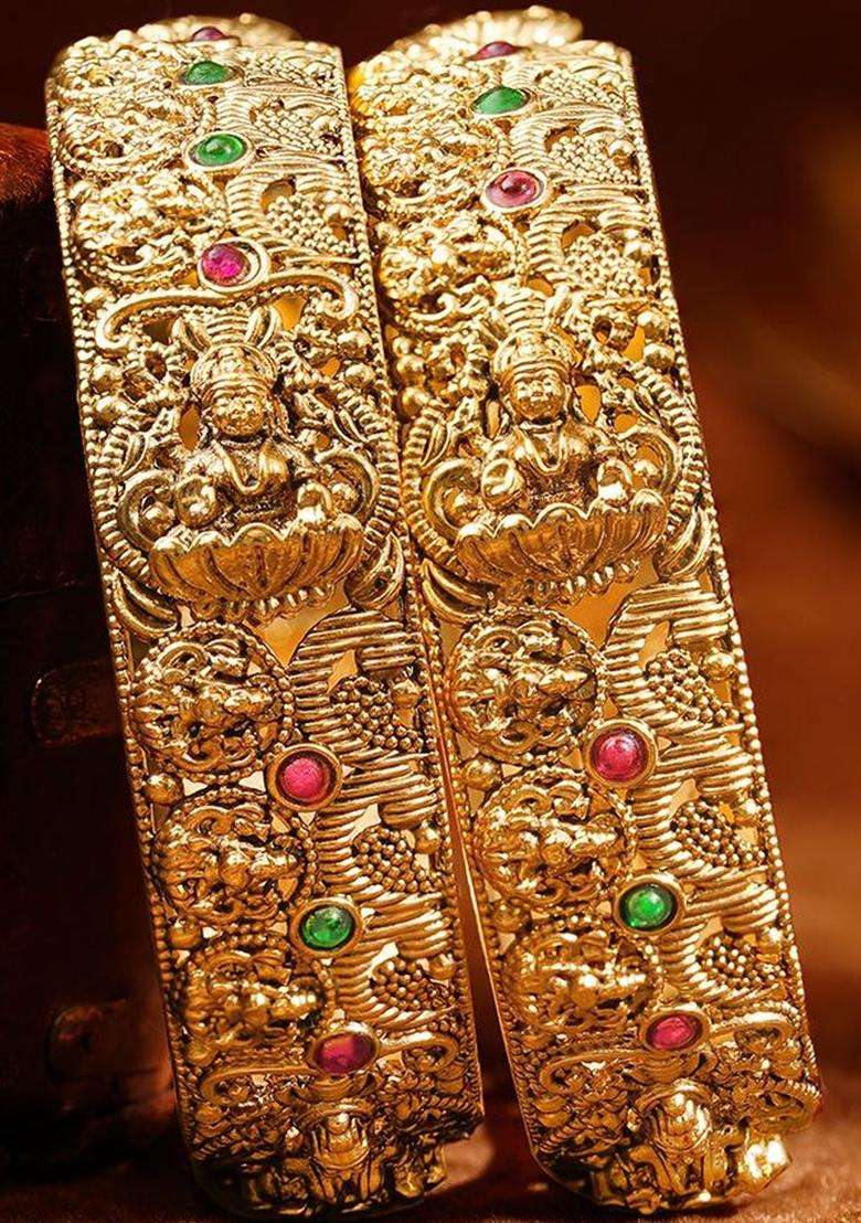 Set of 2 Gold-Plated Temple Embellished Bangles for Women | Traditional Temple Jewellery for Wedding & Festive Wear | Gift for Her - Indya