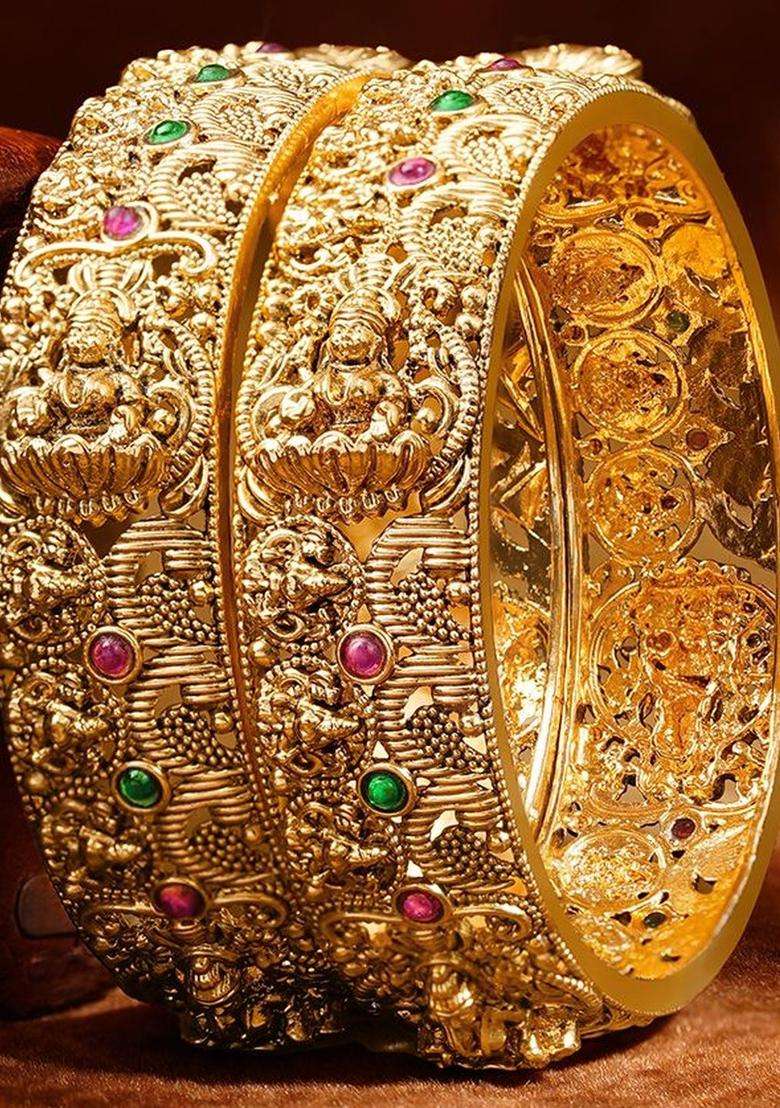 Set of 2 Gold-Plated Temple Embellished Bangles for Women | Traditional Temple Jewellery for Wedding & Festive Wear | Gift for Her - Indya