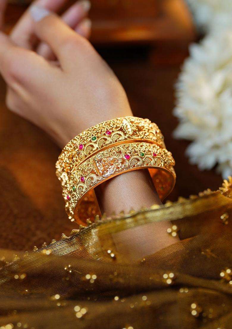 Set of 2 Gold-Plated Temple Embellished Bangles for Women | Traditional Temple Jewellery for Wedding & Festive Wear | Gift for Her - Indya