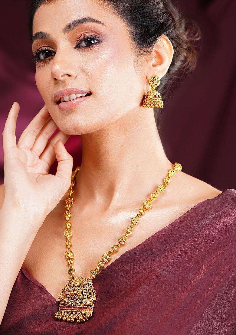 22K Gold-Plated Beaded Lakshmi Temple Pendant Necklace Set for Women | Traditional Temple Jewellery for Wedding & Festive Wear | Gift for Her - Indya