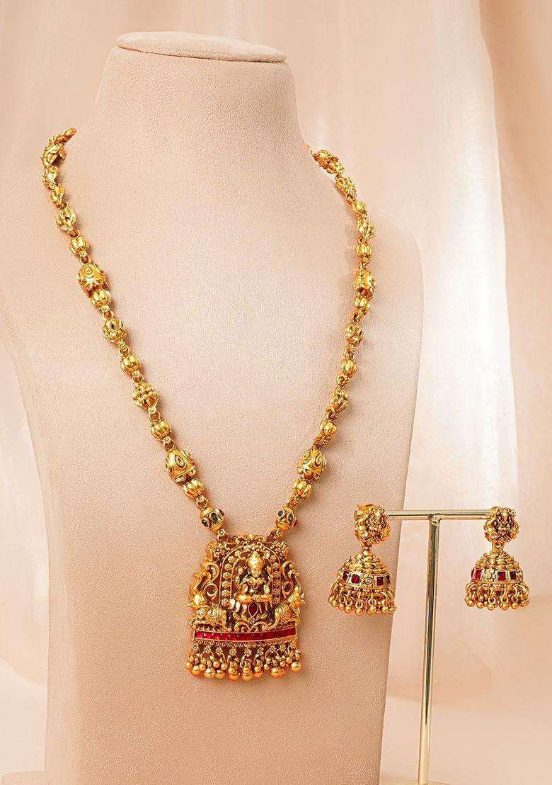 22K Gold-Plated Beaded Lakshmi Temple Pendant Necklace Set for Women | Traditional Temple Jewellery for Wedding & Festive Wear | Gift for Her - Indya