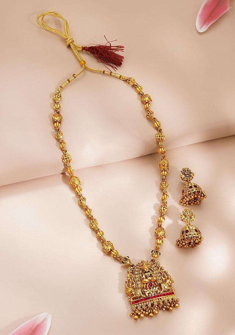 22K Gold-Plated Beaded Lakshmi Temple Pendant Necklace Set for Women | Traditional Temple Jewellery for Wedding & Festive Wear | Gift for Her - Indya