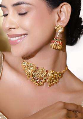 22K Gold-Plated Lakshmi Motif Temple Choker Set with Red & Green Stones & Jhumkas for Women | Traditional Temple Jewellery for Wedding & Festive Wear | Gift for Her