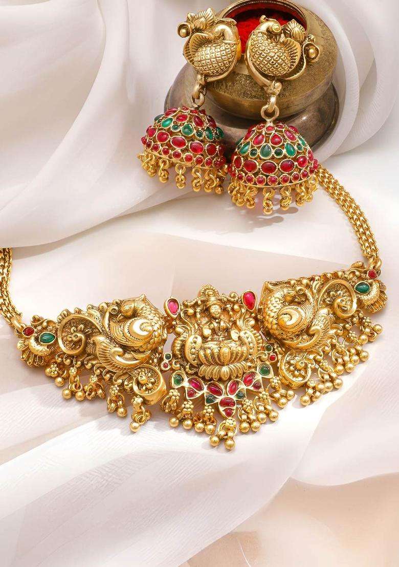 22K Gold-Plated Lakshmi Motif Temple Choker Set with Red & Green Stones & Jhumkas for Women | Traditional Temple Jewellery for Wedding & Festive Wear | Gift for Her - Indya