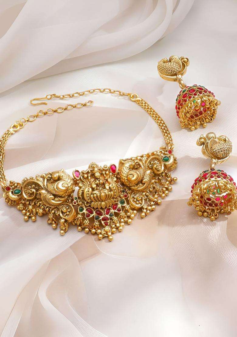 22K Gold-Plated Lakshmi Motif Temple Choker Set with Red & Green Stones & Jhumkas for Women | Traditional Temple Jewellery for Wedding & Festive Wear | Gift for Her - Indya