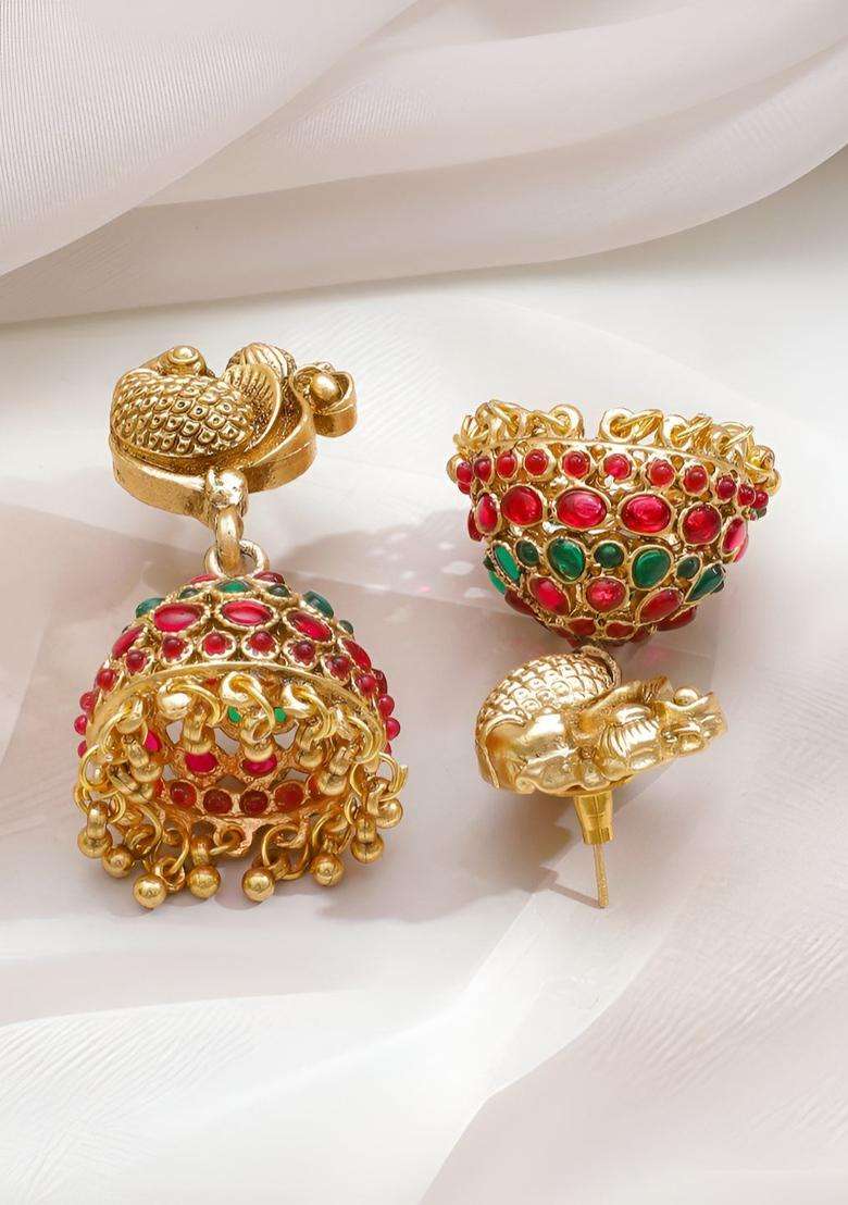 22K Gold-Plated Lakshmi Motif Temple Choker Set with Red & Green Stones & Jhumkas for Women | Traditional Temple Jewellery for Wedding & Festive Wear | Gift for Her - Indya