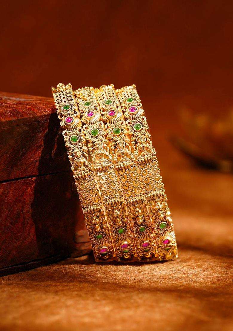 Set of 4 18K Gold-Plated Temple Floral Bangles for Women | Traditional Temple Jewellery for Wedding & Festive Wear | Gift for Her - Indya