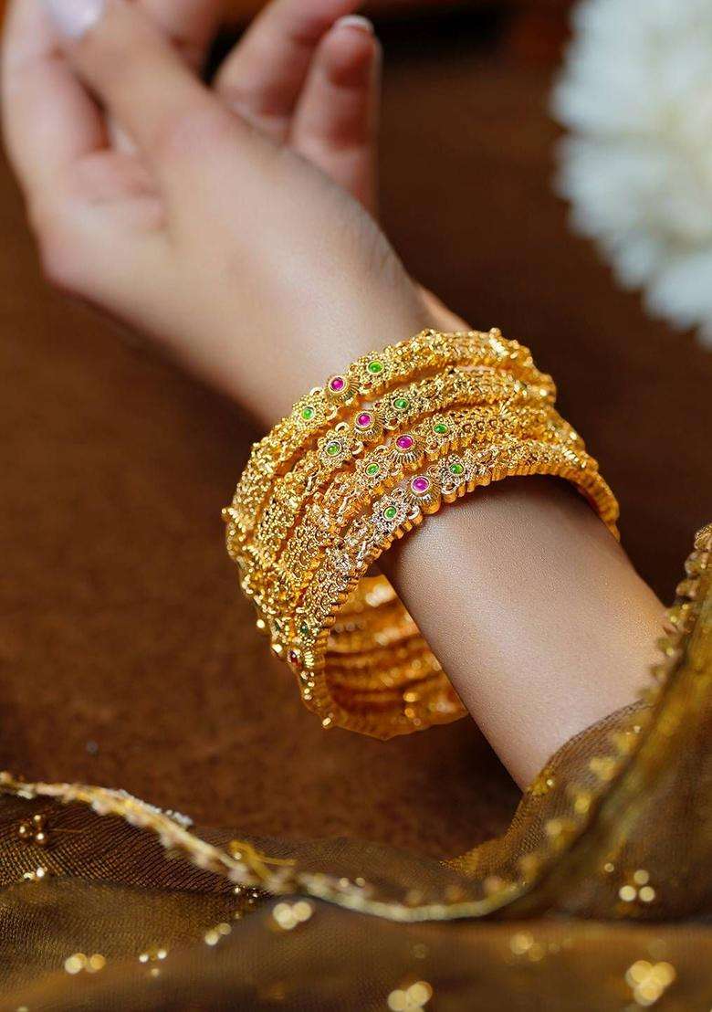 Set of 4 18K Gold-Plated Temple Floral Bangles for Women | Traditional Temple Jewellery for Wedding & Festive Wear | Gift for Her - Indya