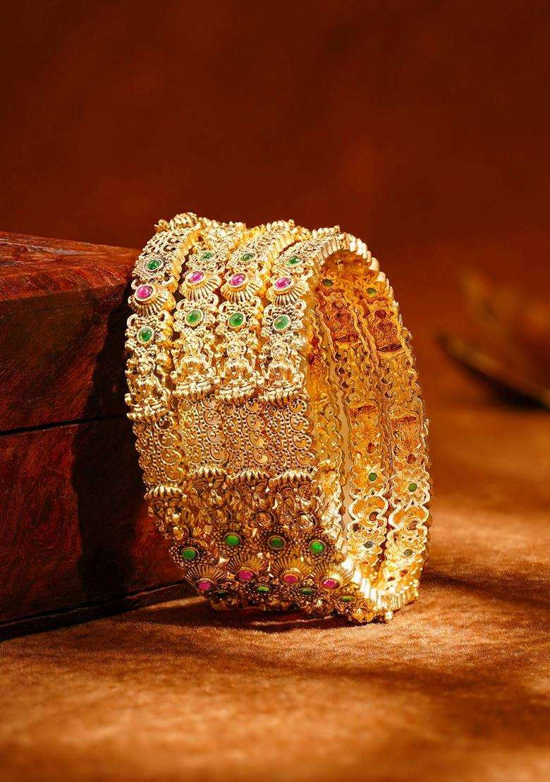 Set of 4 18K Gold-Plated Temple Floral Bangles for Women | Traditional Temple Jewellery for Wedding & Festive Wear | Gift for Her - Indya