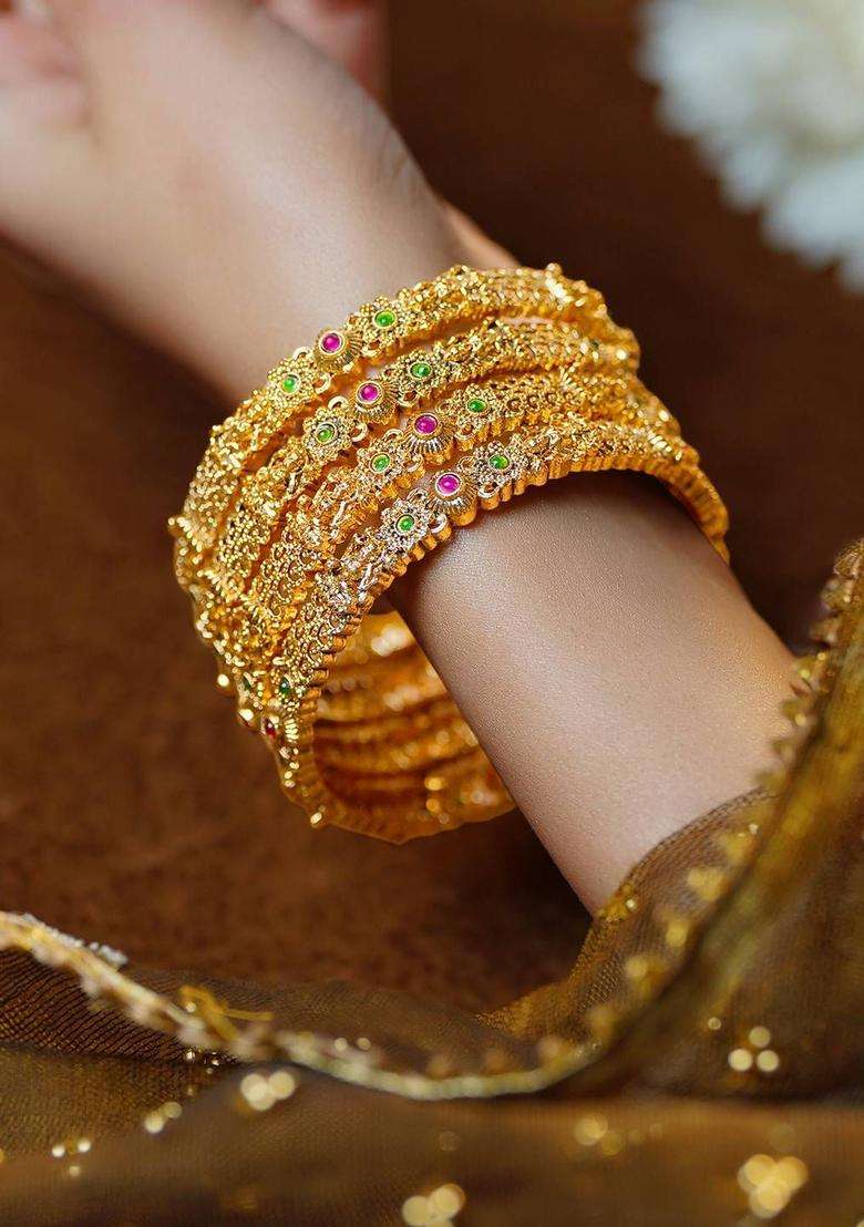 Set of 4 18K Gold-Plated Temple Floral Bangles for Women | Traditional Temple Jewellery for Wedding & Festive Wear | Gift for Her - Indya