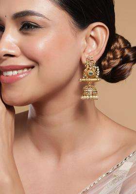 22K Gold-Plated Emerald & Cubic Zirconia Studded Temple Jhumkas with Pearl Drops for Women | Traditional Temple Jewellery for Wedding & Festive Wear | Gift for Her