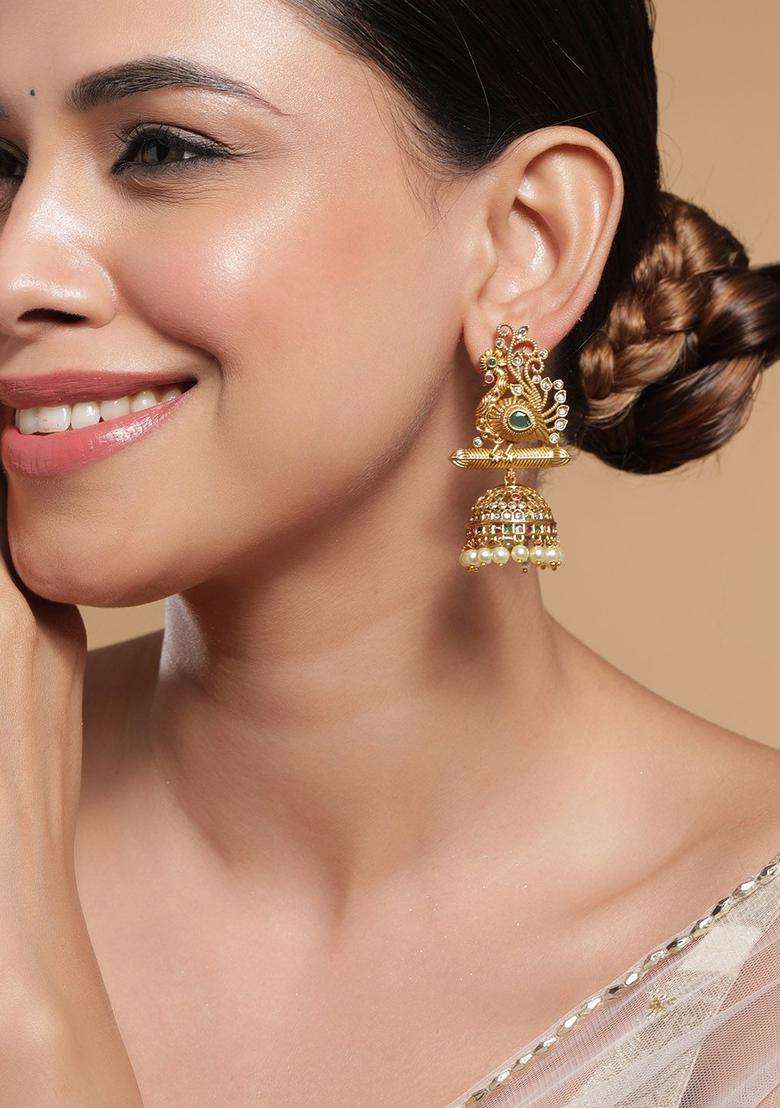 22K Gold-Plated Emerald & Cubic Zirconia Studded Temple Jhumkas with Pearl Drops for Women | Traditional Temple Jewellery for Wedding & Festive Wear | Gift for Her - Indya