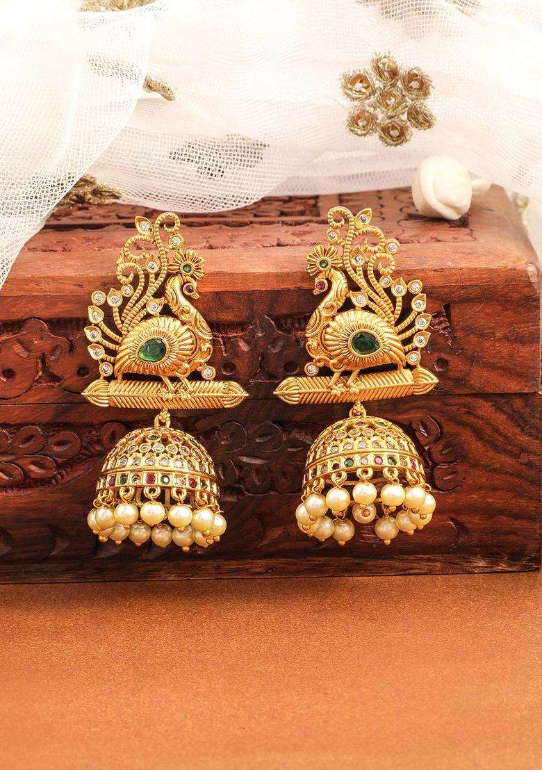 22K Gold-Plated Emerald & Cubic Zirconia Studded Temple Jhumkas with Pearl Drops for Women | Traditional Temple Jewellery for Wedding & Festive Wear | Gift for Her - Indya