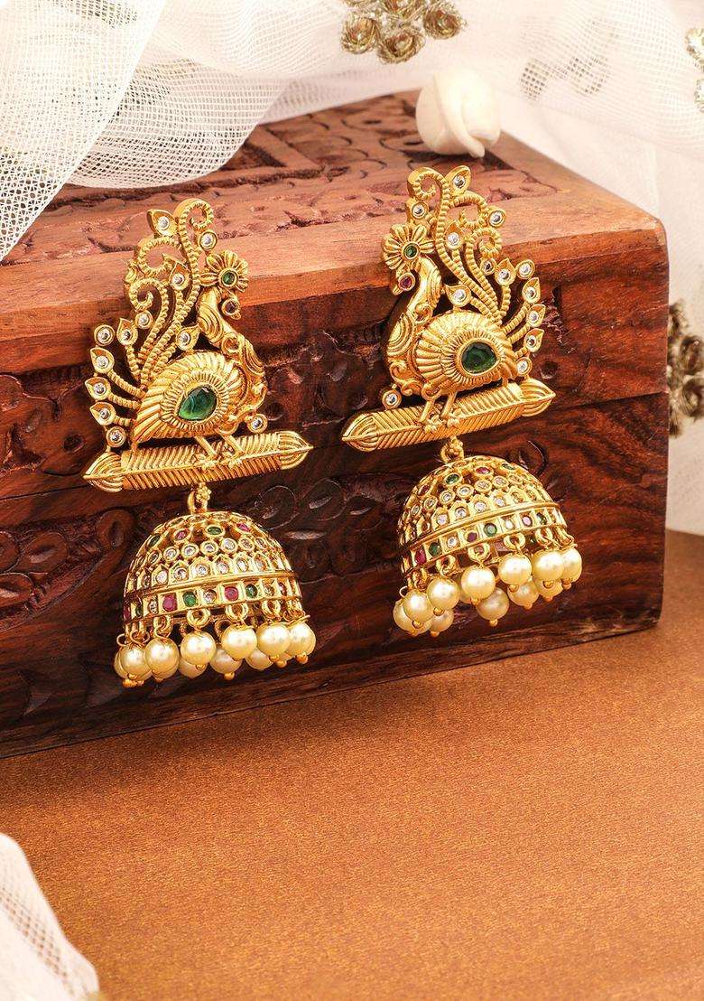 22K Gold-Plated Emerald & Cubic Zirconia Studded Temple Jhumkas with Pearl Drops for Women | Traditional Temple Jewellery for Wedding & Festive Wear | Gift for Her - Indya