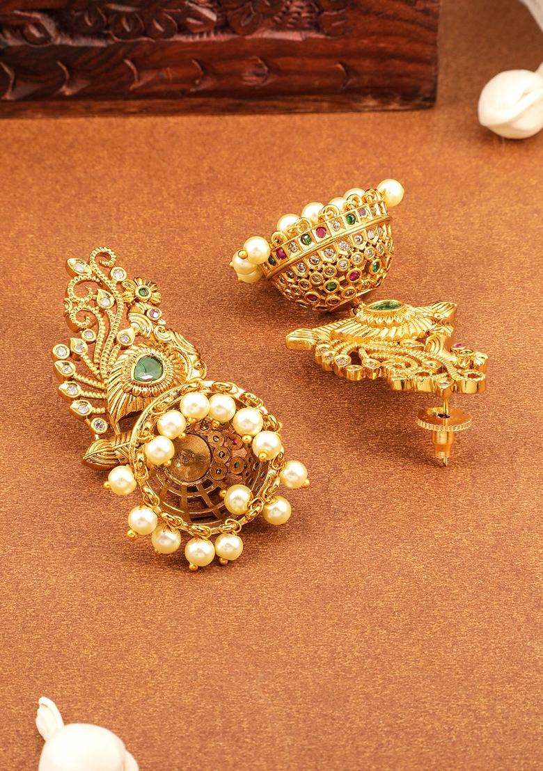 22K Gold-Plated Emerald & Cubic Zirconia Studded Temple Jhumkas with Pearl Drops for Women | Traditional Temple Jewellery for Wedding & Festive Wear | Gift for Her - Indya