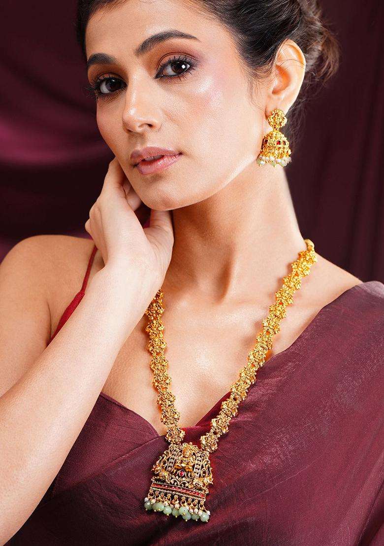 22K Gold-Plated Temple Lakshmi Pearl Beads Long Necklace Set for Women | Traditional Temple Jewellery for Wedding & Festive Wear | Gift for Her - Indya