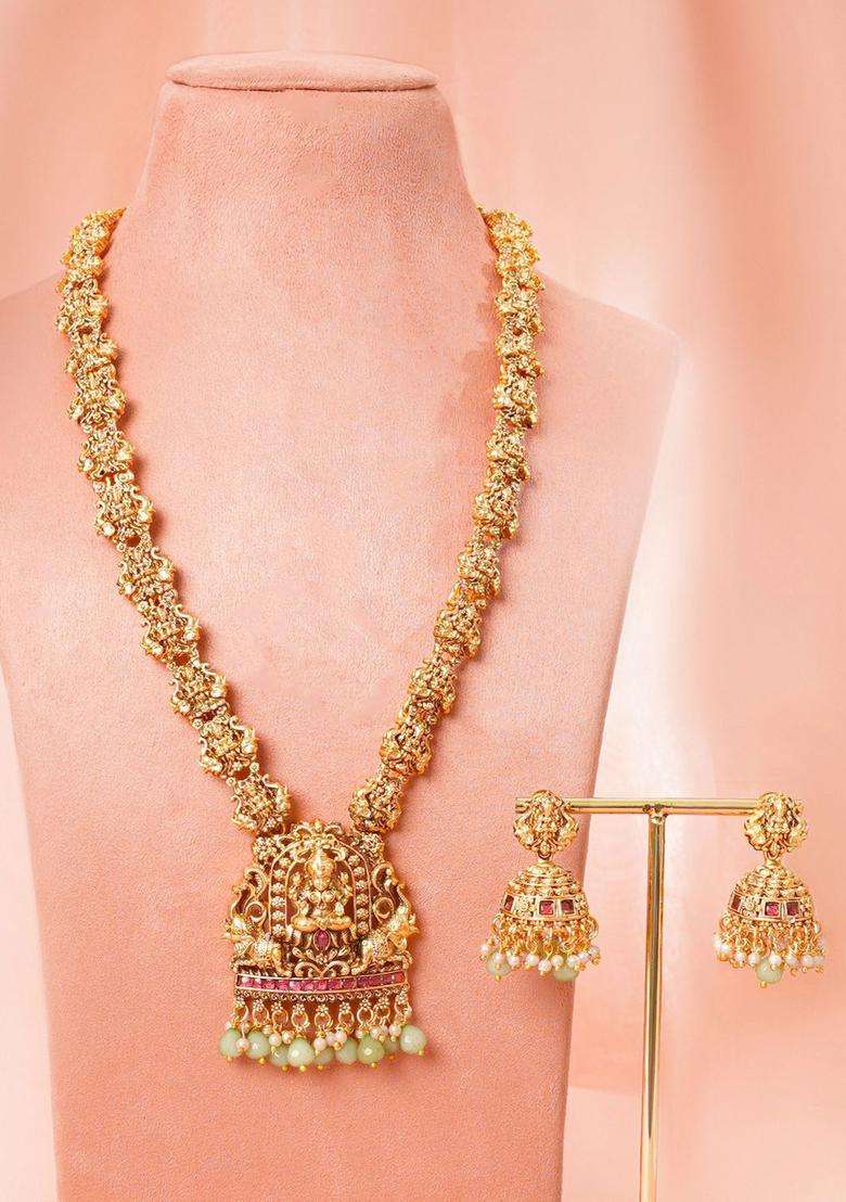 22K Gold-Plated Temple Lakshmi Pearl Beads Long Necklace Set for Women | Traditional Temple Jewellery for Wedding & Festive Wear | Gift for Her - Indya
