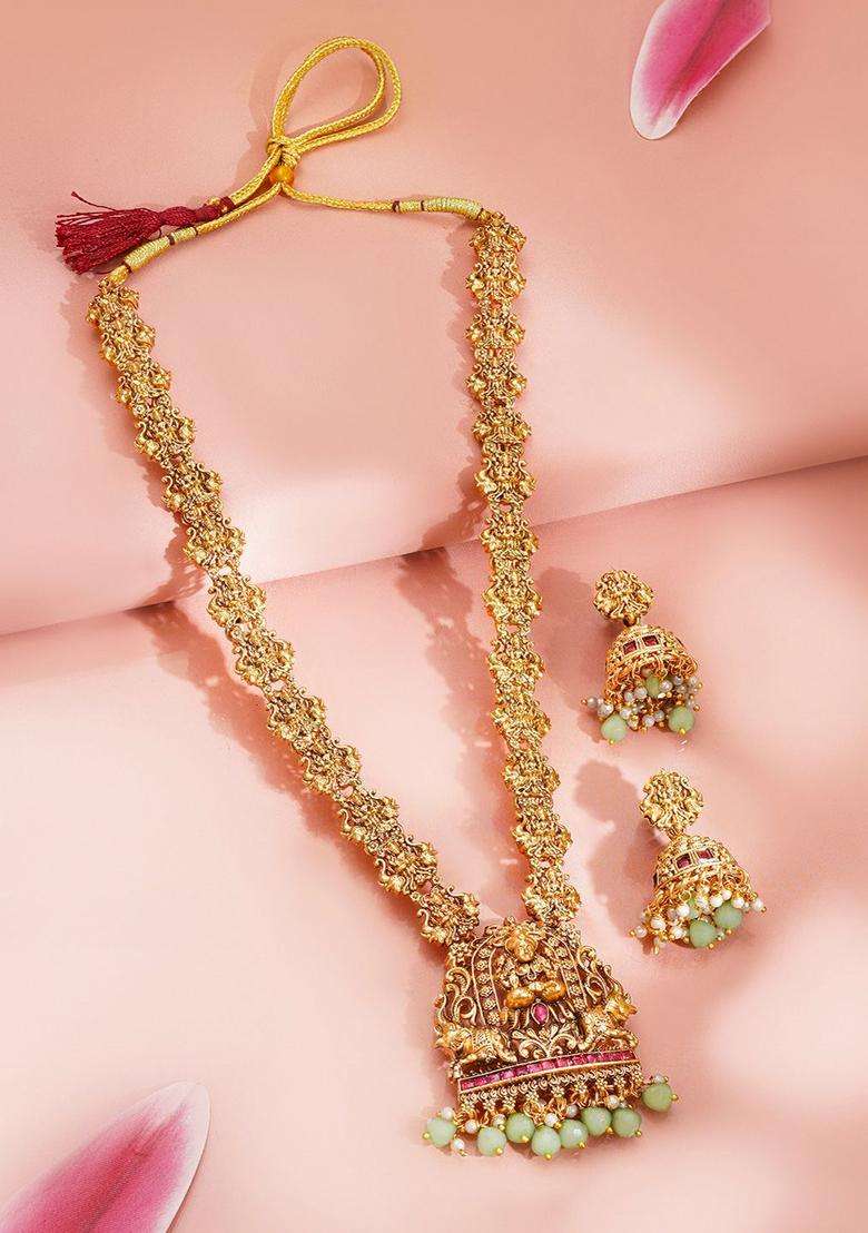 22K Gold-Plated Temple Lakshmi Pearl Beads Long Necklace Set for Women | Traditional Temple Jewellery for Wedding & Festive Wear | Gift for Her - Indya
