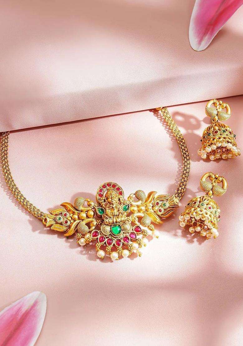 Gold-Plated Temple Pearl Necklace and Earrings for Women | Traditional Temple Jewellery for Wedding & Festive Wear | Gift for Her - Indya