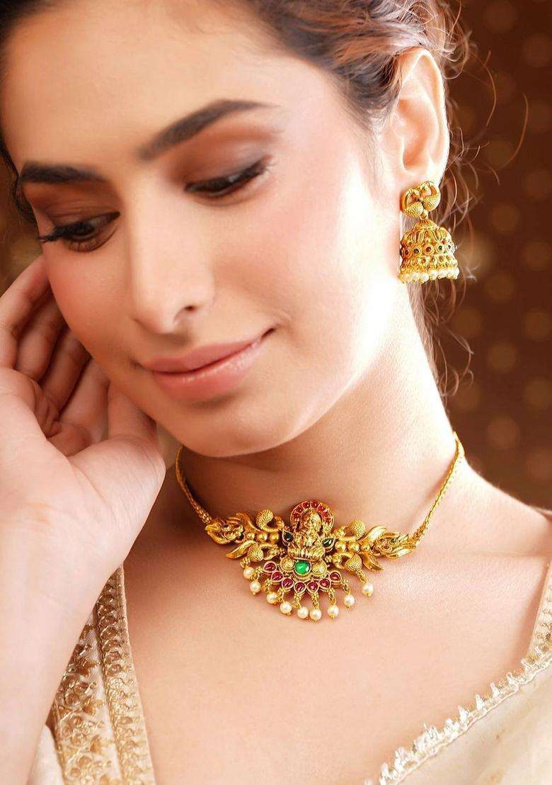 Gold-Plated Temple Pearl Necklace and Earrings for Women | Traditional Temple Jewellery for Wedding & Festive Wear | Gift for Her - Indya