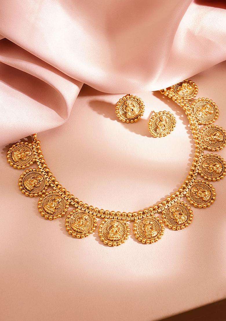 Brass 18K Gold-Plated Temple Coin Necklace Jewellery Set for Women | Traditional Temple Jewellery for Wedding & Festive Wear | Gift for Her - Indya