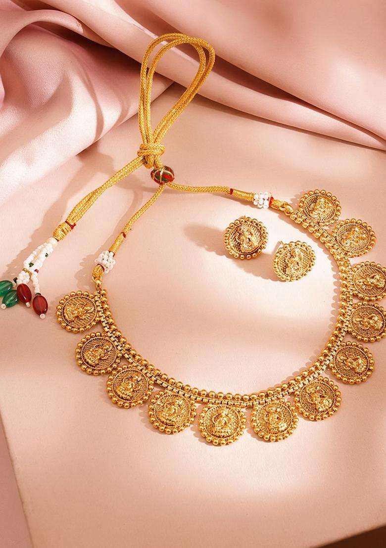 Brass 18K Gold-Plated Temple Coin Necklace Jewellery Set for Women | Traditional Temple Jewellery for Wedding & Festive Wear | Gift for Her - Indya