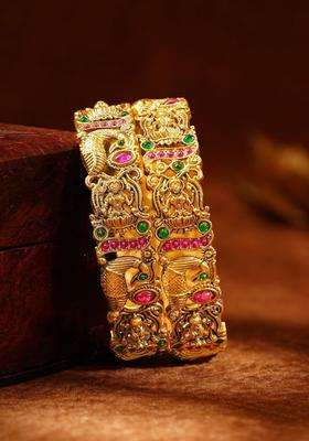 Set of 2 Gold-Plated Divine Lakshmi Temple Motif Bangles with Kundan for Women | Traditional Temple Jewellery for Wedding & Festive Wear | Gift for Her