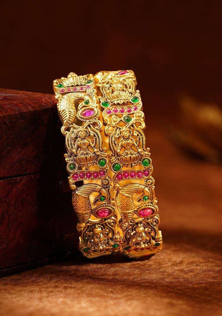 Set of 2 Gold-Plated Divine Lakshmi Temple Motif Bangles with Kundan for Women | Traditional Temple Jewellery for Wedding & Festive Wear | Gift for Her - Indya