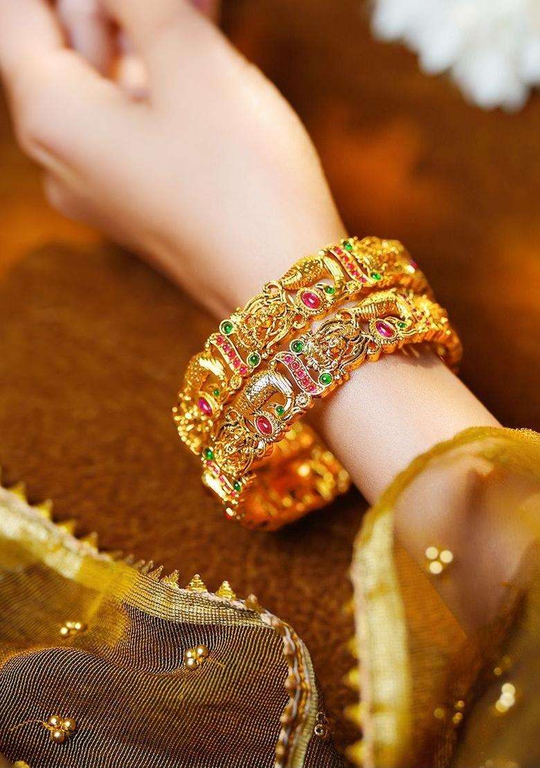 Set of 2 Gold-Plated Divine Lakshmi Temple Motif Bangles with Kundan for Women | Traditional Temple Jewellery for Wedding & Festive Wear | Gift for Her - Indya