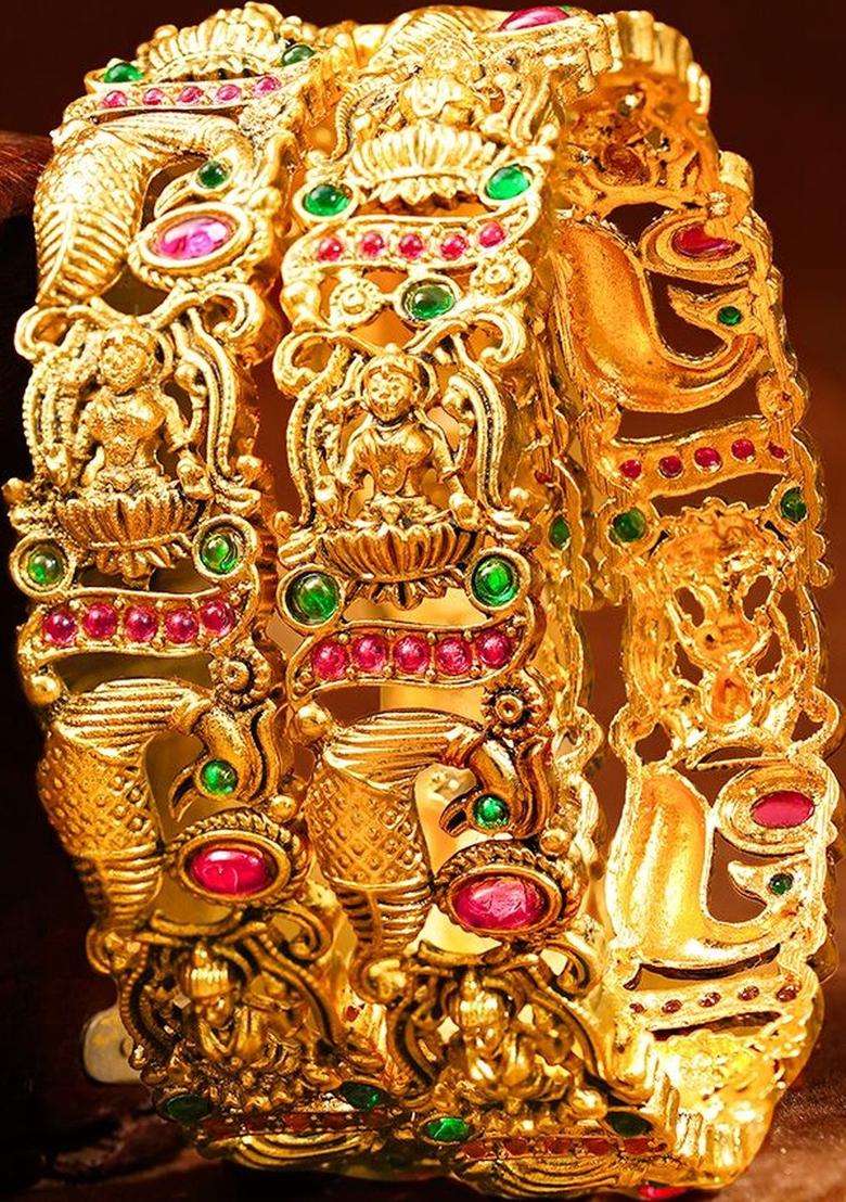 Set of 2 Gold-Plated Divine Lakshmi Temple Motif Bangles with Kundan for Women | Traditional Temple Jewellery for Wedding & Festive Wear | Gift for Her - Indya