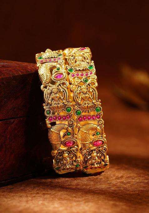 Set of 2 Gold-Plated Divine Lakshmi Temple Motif Bangles with Kundan for Women | Traditional Temple Jewellery for Wedding & Festive Wear | Gift for Her