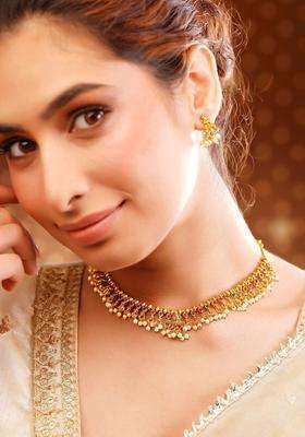 Gold-Plated Temple Pearl Necklace and Earrings for Women | Traditional Temple Jewellery for Wedding & Festive Wear | Gift for Her
