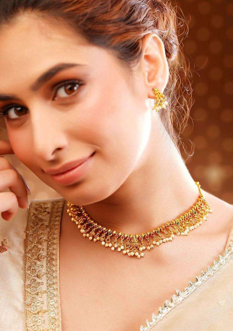 Gold-Plated Temple Pearl Necklace and Earrings for Women | Traditional Temple Jewellery for Wedding & Festive Wear | Gift for Her - Indya
