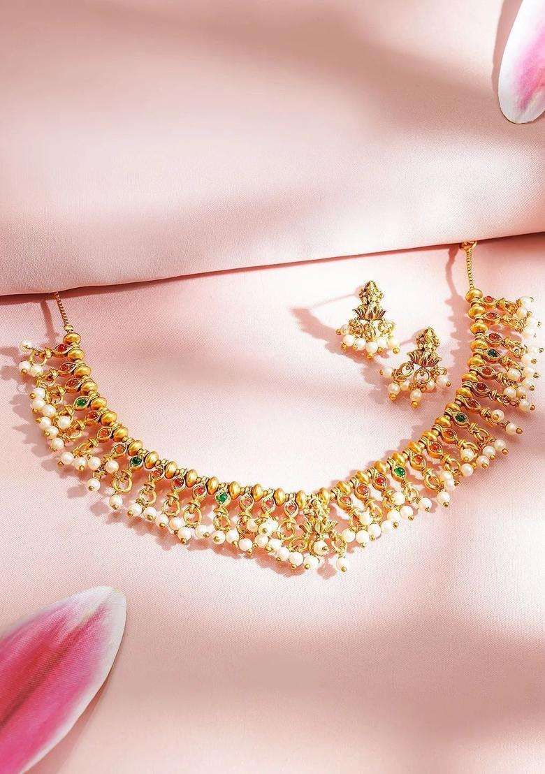 Gold-Plated Temple Pearl Necklace and Earrings for Women | Traditional Temple Jewellery for Wedding & Festive Wear | Gift for Her - Indya