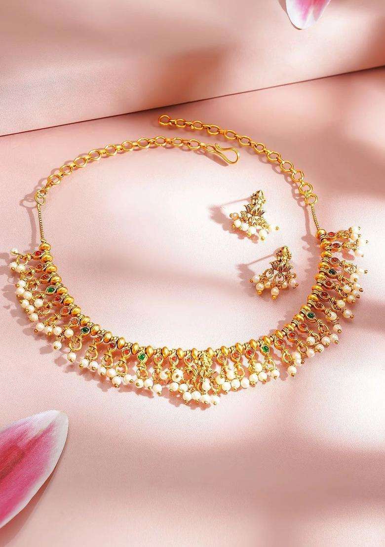 Gold-Plated Temple Pearl Necklace and Earrings for Women | Traditional Temple Jewellery for Wedding & Festive Wear | Gift for Her - Indya
