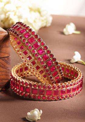 Set of 2 Gold-Plated Pink Crystal Kemp Stones Studded Premium Bangles for Women | Traditional Temple Jewellery for Wedding & Festive Wear | Gift for Her