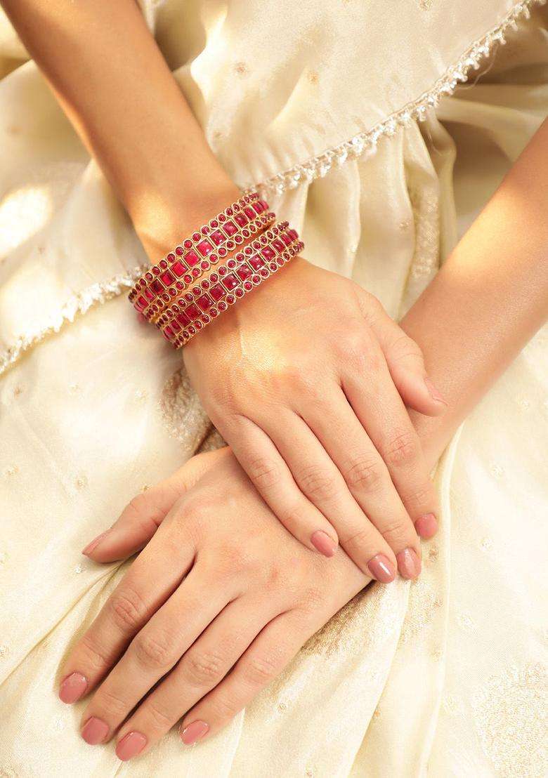 Set of 2 Gold-Plated Pink Crystal Kemp Stones Studded Premium Bangles for Women | Traditional Temple Jewellery for Wedding & Festive Wear | Gift for Her - Indya