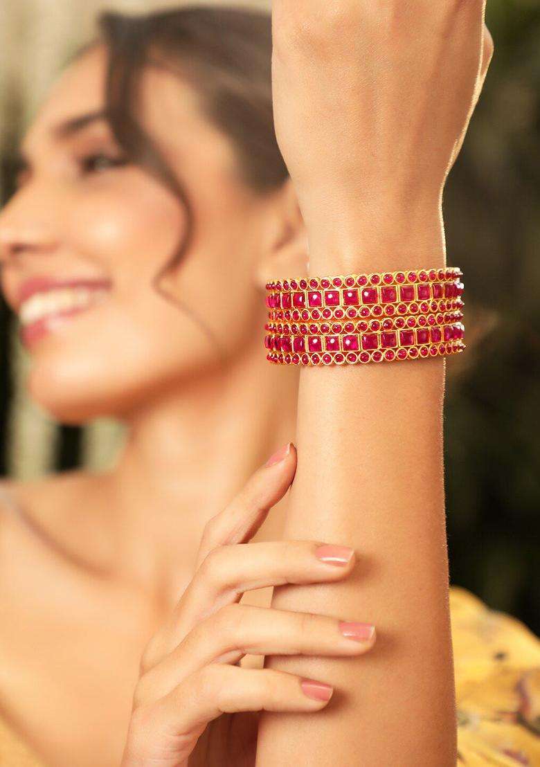 Set of 2 Gold-Plated Pink Crystal Kemp Stones Studded Premium Bangles for Women | Traditional Temple Jewellery for Wedding & Festive Wear | Gift for Her - Indya