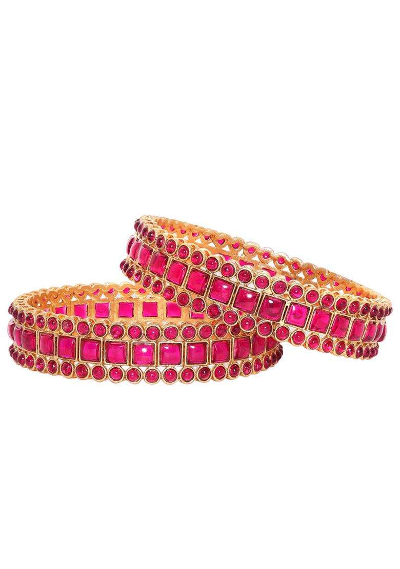Set of 2 Gold-Plated Pink Crystal Kemp Stones Studded Premium Bangles for Women | Traditional Temple Jewellery for Wedding & Festive Wear | Gift for Her - Indya