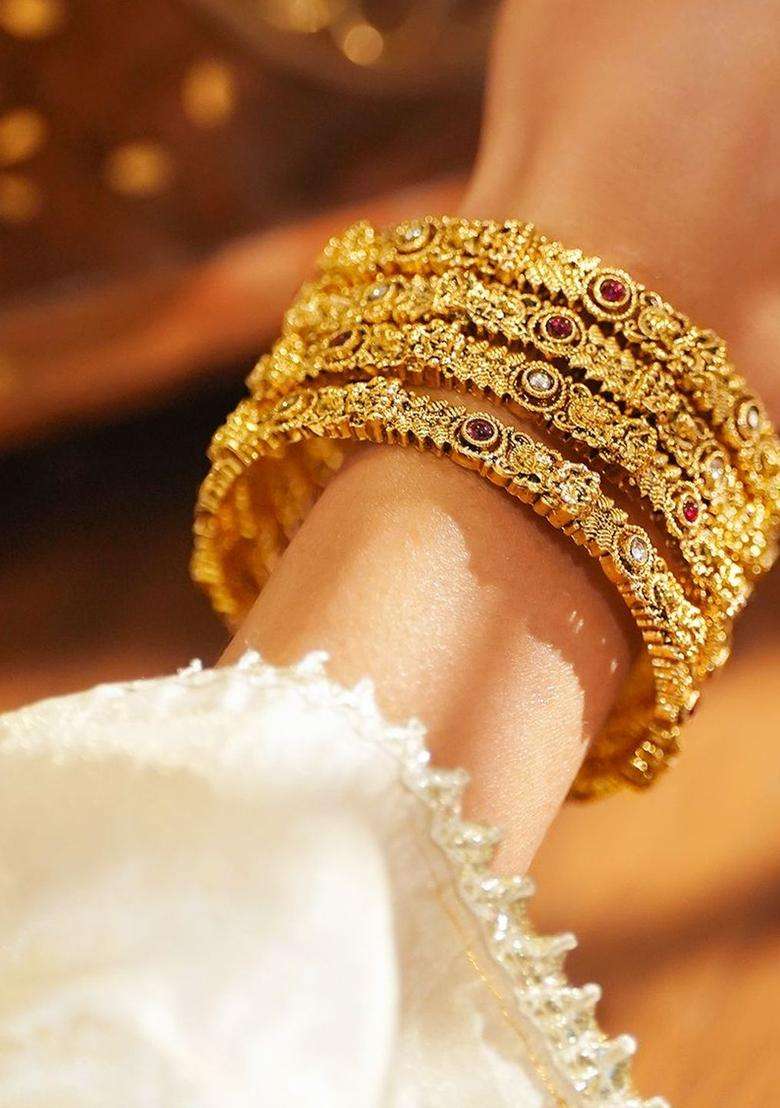Set of 4 22K Gold-Plated Brass Red & White Stones Temple Heritage Bangles for Women | Traditional Temple Jewellery for Wedding & Festive Wear | Gift for Her - Indya