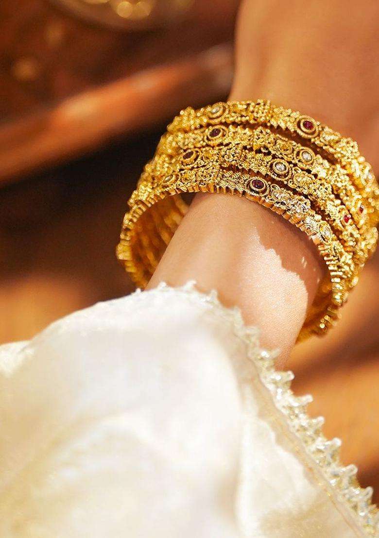 Set of 4 22K Gold-Plated Brass Red & White Stones Temple Heritage Bangles for Women | Traditional Temple Jewellery for Wedding & Festive Wear | Gift for Her - Indya