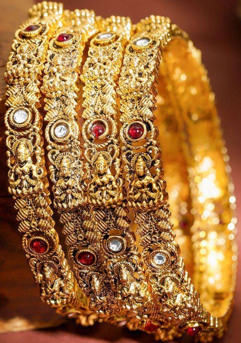 Set of 4 22K Gold-Plated Brass Red & White Stones Temple Heritage Bangles for Women | Traditional Temple Jewellery for Wedding & Festive Wear | Gift for Her - Indya