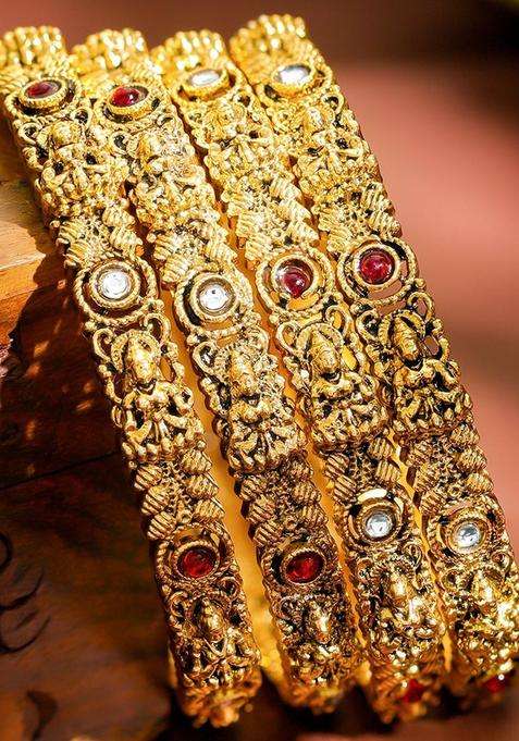 Set of 4 22K Gold-Plated Brass Red & White Stones Temple Heritage Bangles for Women | Traditional Temple Jewellery for Wedding & Festive Wear | Gift for Her