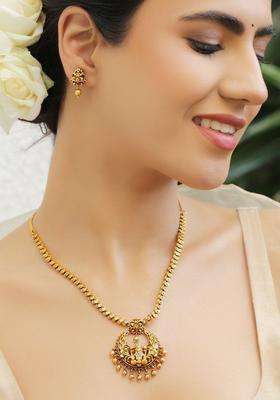 18K Gold-Plated Cubic Zirconia Studded & Beaded Necklace with Earrings for Women | Traditional Temple Jewellery for Wedding & Festive Wear | Gift for Her