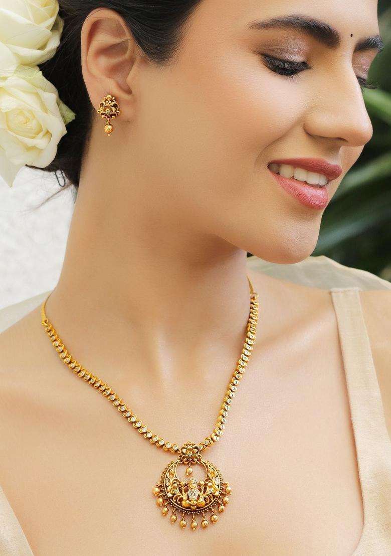 18K Gold-Plated Cubic Zirconia Studded & Beaded Necklace with Earrings for Women | Traditional Temple Jewellery for Wedding & Festive Wear | Gift for Her - Indya