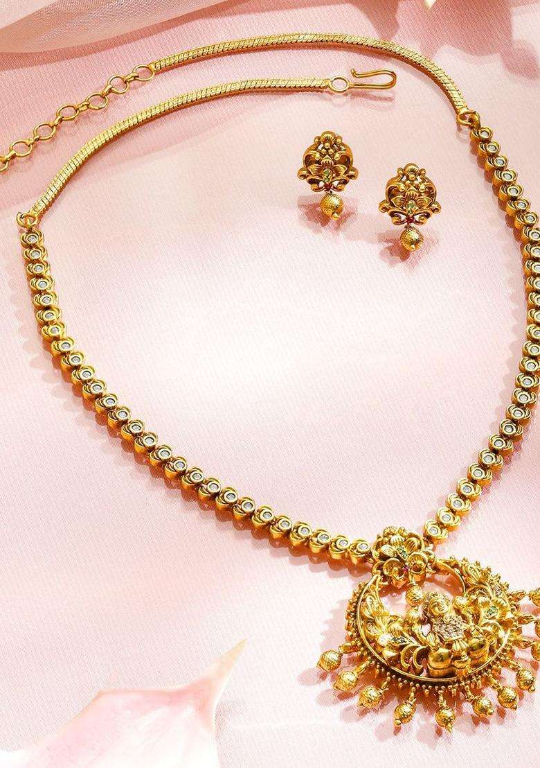 18K Gold-Plated Cubic Zirconia Studded & Beaded Necklace with Earrings for Women | Traditional Temple Jewellery for Wedding & Festive Wear | Gift for Her - Indya