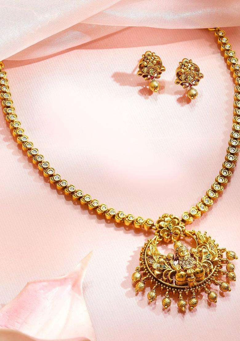 18K Gold-Plated Cubic Zirconia Studded & Beaded Necklace with Earrings for Women | Traditional Temple Jewellery for Wedding & Festive Wear | Gift for Her - Indya